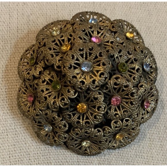 Vintage Czech Brass and Rhinestone Domed Filigree Pin Brooch - Picture 2 of 10